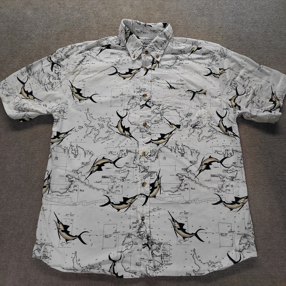 MICHAEL AUSTIN Mens LARGE Marlin Fish Burmuda Antigua Button Short Sleeve Shirt